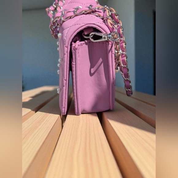 Badgley Mischka Diamond Quilted Crossbody Bag With Pearls Purple (New) - Picture 6 of 14